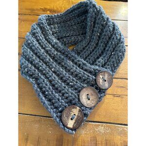 Chunky Knit Infinity Scarf With Large Wooden Buttons Handmade Gray Soft Warm Win